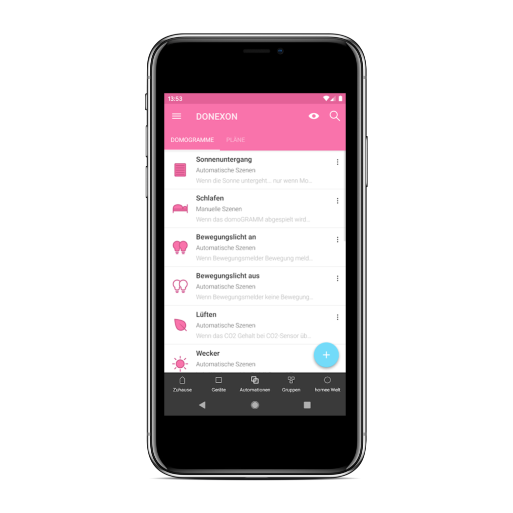Bild zeigt ein Smartphone mit der komfortbler App zur Steuerung und Bedienung von Smart Home DONEXON
