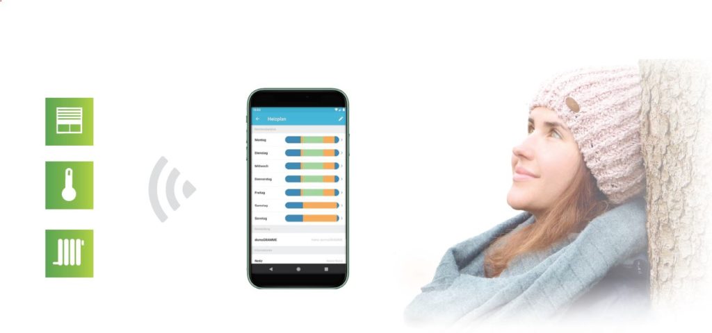Bild zeigt Symbole zur Temperatursteuerung von Heizungen mit Hilfe der DONEXON App Smart Home und eine junge Frau, die an einem Baum lehnt und ein gutes Gewissen hat aktiv mit Smart Home für den Klimaschutz eine Beitrag zu leisten